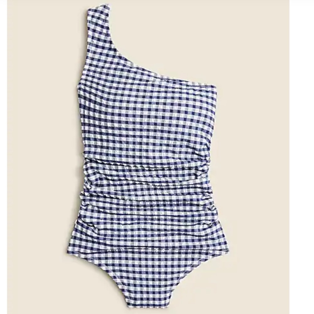 J. Crew Sleek Ruched One-shoulder One-piece Swimsuit in Gingham Navy Blue/White